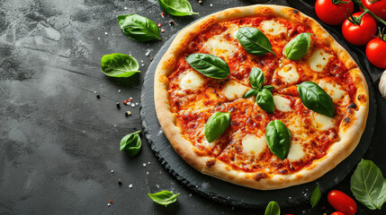 Ingredients for traditional Italian pizza Margherita with tomato sauce, Mozzarella cheese and basil on a dark concrete background. Pizza recipe and menu