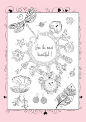 Fototapeta na wymiar A set of jewelry for the most beautiful girl. Relax- coloring book vector illustration.