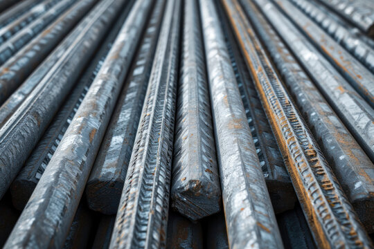 Close-up view of steel reinforcement bars with textured surfaces.