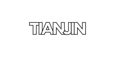 Tianjin in the China emblem. The design features a geometric style, vector illustration with bold typography in a modern font. The graphic slogan lettering.