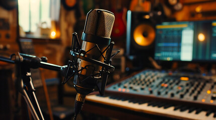 Close-up of a microphone in a recording studio, capturing the essence of sound recording and entertainment. - obrazy, fototapety, plakaty