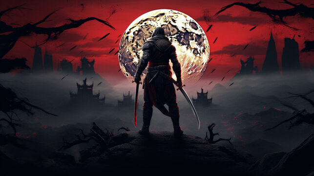 In a moonlit background, a fantasy ninja warrior wields a sword. This captivating image blends mystery and action, capturing the essence of a skilled and enigmatic character.