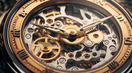 Fototapeta na wymiar close up shot of the inner workings of a luxury watch, in the style of historical, silver and gold, steampunk inspired, decorative backgrounds