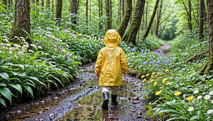 Child wearing a yellow raincoat walking in the forest, spring flowers on the path, beautiful springtime nature hd