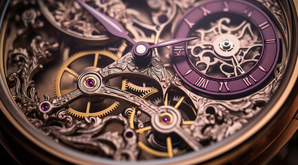 close up shot of the inner workings of a luxury watch, in the style of historical, silver and gold, steampunk inspired, decorative backgrounds
