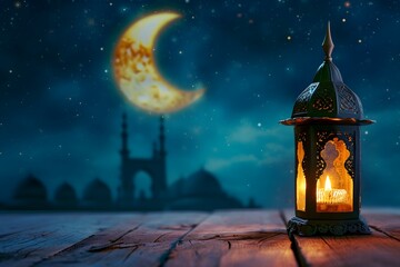 A Ramadan background with a beautifully crafted lantern on a wooden surface and hanging lights against the backdrop