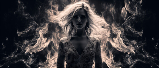 A monochrome wallpaper featuring a captivating portrayal of a girl on smoke. This intense and dramatic image creates a bold and impactful visual statement.