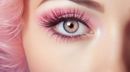 beautiful woman with extreme long false eyelashes with pink eyeshadow - obrazy, fototapety, plakaty