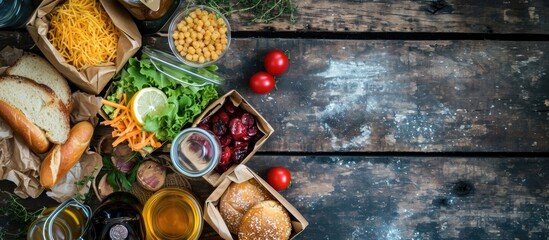 Packed lunch with food and drink.