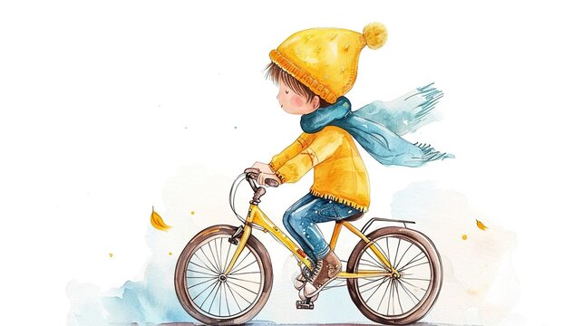 Little boy on a bicycle, watercolor illustration