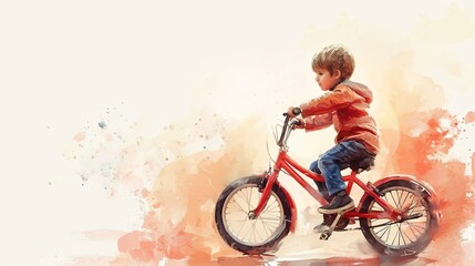 Little boy on a bicycle, watercolor illustration - obrazy, fototapety, plakaty