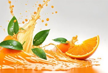 Beautiful image of big and long orange juice splashing with rolling of fresh orange fruit slices on