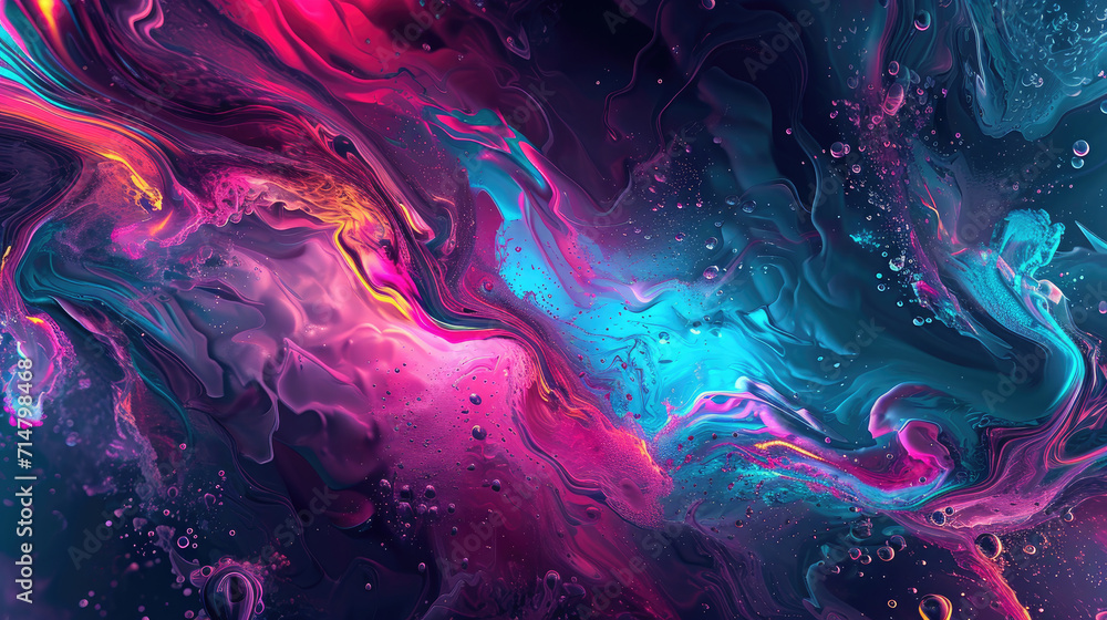 Poster fluid background with glowing plasma-like shapes in intense neon colors on a dark background
