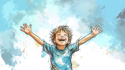 Fototapeta premium Cute, happy boy. Ink sketch style illustration in color, copy space