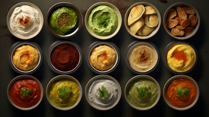 A tray of assorted Middle Eastern dips, such as baba ghanoush and muhammara, a tasty addition to any Ramadan gathering