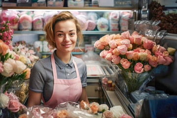 A woman standing in front of a flower shop. Cash register ans flowers on foreground.