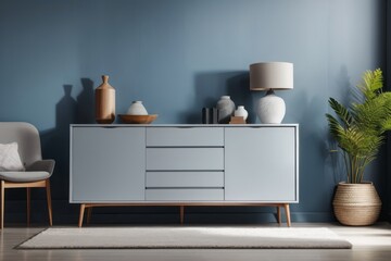 Interior home design of modern living room with gray armchairs and wooden sideboard against blue wall