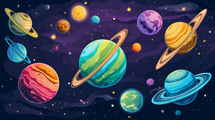 Colorful happy space doodles. Digital drawings of space with planets, star and astroids.