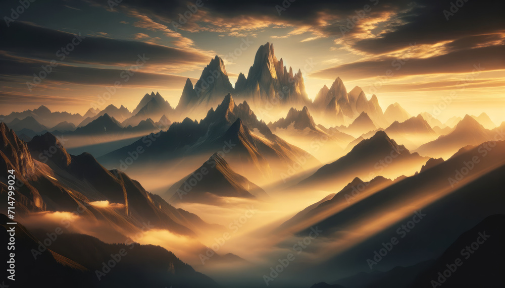 Poster sunset illuminating sharp mountain peaks amidst a foggy landscape. generative ai