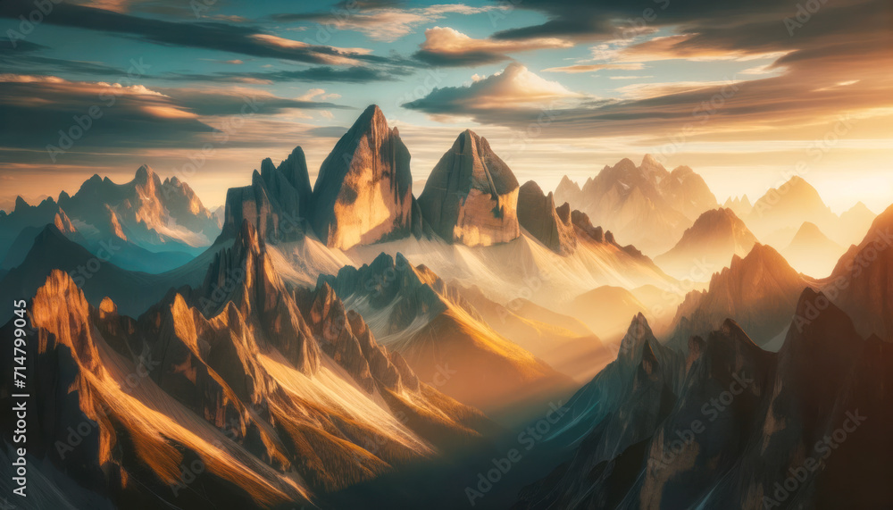 Poster Sunset glow on sharp mountain edges against a dramatic sky. Generative AI