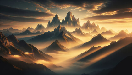 Sunset illuminating sharp mountain peaks amidst a foggy landscape. Generative AI