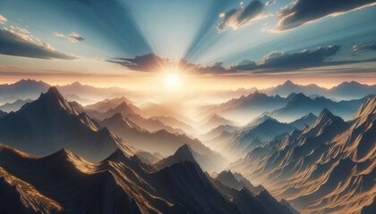 Radiant sunrise casting rays over a rugged mountainous region. Generative AI - obrazy, fototapety, plakaty
