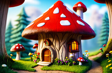 Plasticine mushroom house in forest. Fairytale cottage