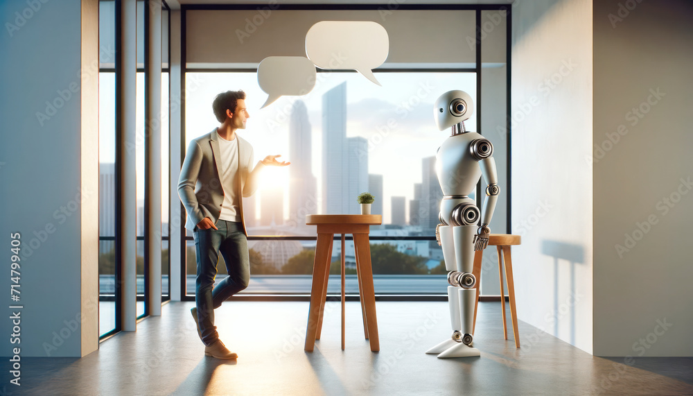 Poster casual man conversing with robotic being in sunlit modern room. futuristic lifestyle concept. genera
