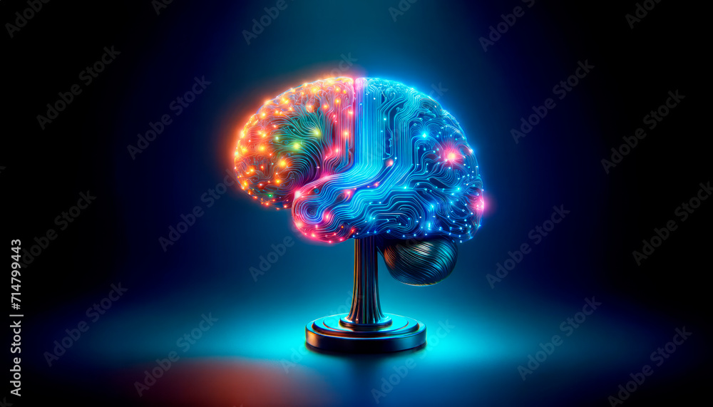 Aufkleber Radiant brain model on stand symbolizing AI learning and cognitive computation. Neurotechnology concept. Generative AI
