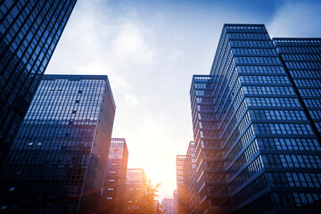 Glass exterior walls of financial center skyscrapers
