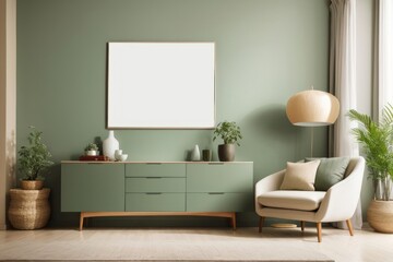 Interior home design of modern living room with armchair and wooden sideboard with empty poster frame mockup on green wall