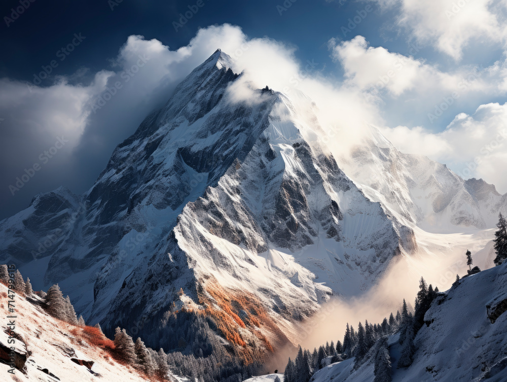 Poster snow covered mountain with autumn trees under a cloudy sky. landscape photography. generative ai