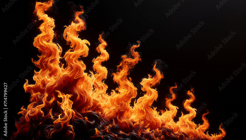 Poster Dancing flames with intricate patterns on a dark background. Dynamic fire texture. Generative AI