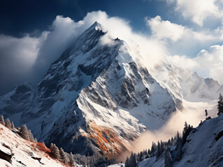 Snow covered mountain with autumn trees under a cloudy sky. Landscape photography. Generative AI - Powered by Adobe