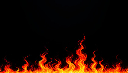 Fiery orange flames on a stark black background. Realistic fire texture. Generative AI