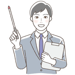 Illustration of a businessman holding a pointing stick, upper body.