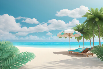 Fototapeta premium Panorama beautiful beach with white sand, turquoise ocean and blue sky with clouds on a Sunny day. Summer tropical landscape with green palm trees and Straw umbrellas with empty copy space design.