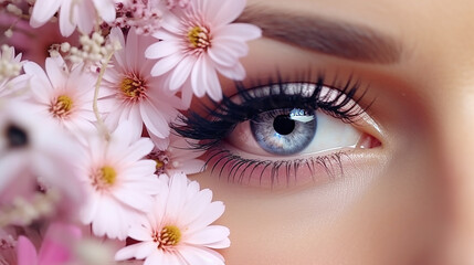 eye spring makeup woman with a flowers. spring makeup beauty - obrazy, fototapety, plakaty