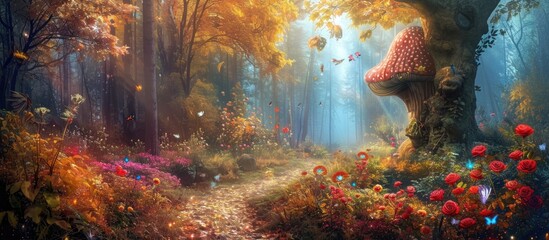 Fantasy forest with magical elements like a mushroom house, autumn tree, rose garden, butterfly, and sparkly road path reflecting sunlight. - obrazy, fototapety, plakaty