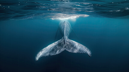 Underwater shot of a humpback whale's tail.