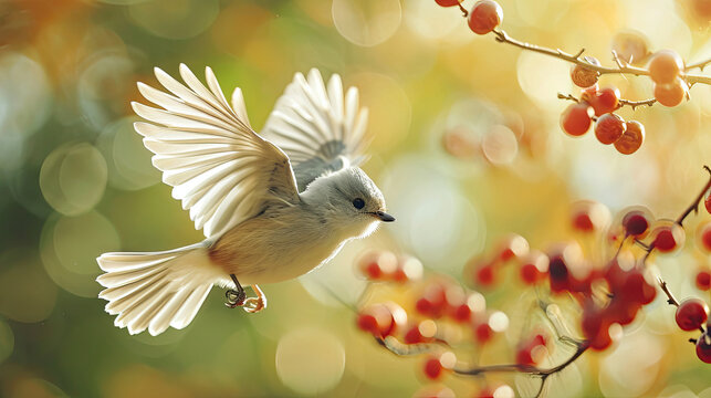 Graceful Tufted Titmouse bird hovering with spread wings.
