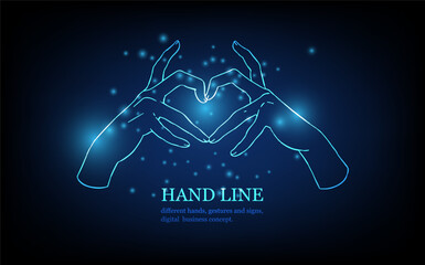 Human hand line, different hands, gestures and signs, love concept, futuristic digital innovation background vector illustration.