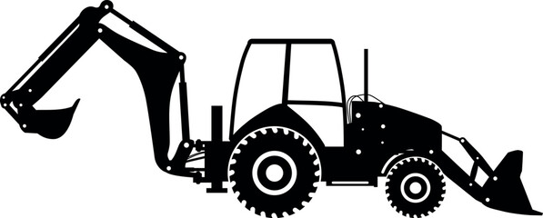 Silhouette of Wheel Backhoe Loader Icon in Flat Style. Vector Illustration