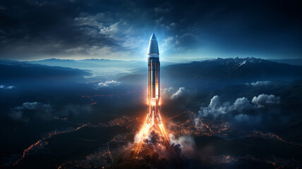 Image of a space rocket taking off from the launch pad. sent to explore outer space - obrazy, fototapety, plakaty