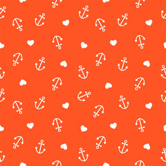Orange seamless pattern with white anchors and hearts