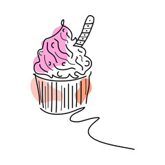 Vector Illustration.Cupcake Doodle. one line continuous drawing. Hand drawn linear silhouette icon. Minimal design element for print, banner, card, wall art poster, postcard.With Fashionable Pastel 