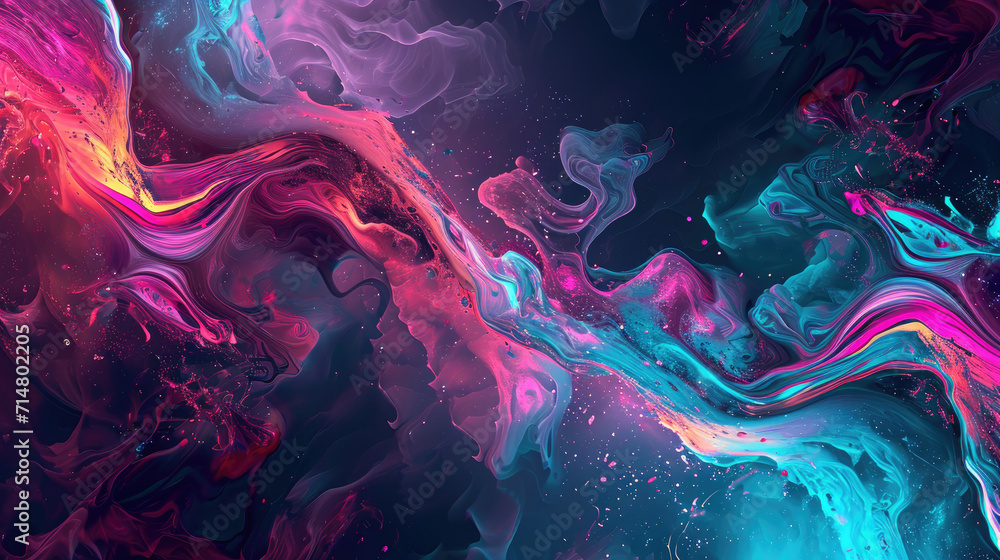Poster fluid background with glowing plasma-like shapes in intense neon colors on a dark background