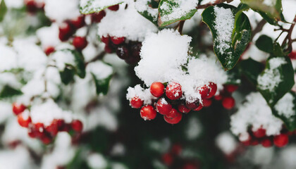 Snow covered branches with red berries, coniferous tree, seasonal scene, winter holiday