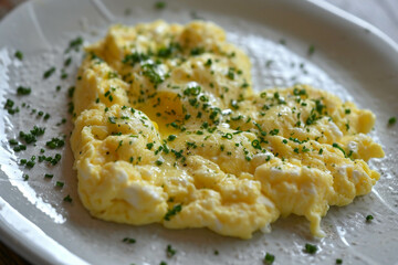 Scrambled egg in shape of heart on white plate top view