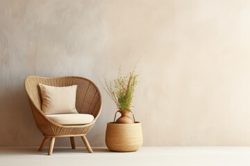 Elegant chair and woven vase with dried grasses - obrazy, fototapety, plakaty
